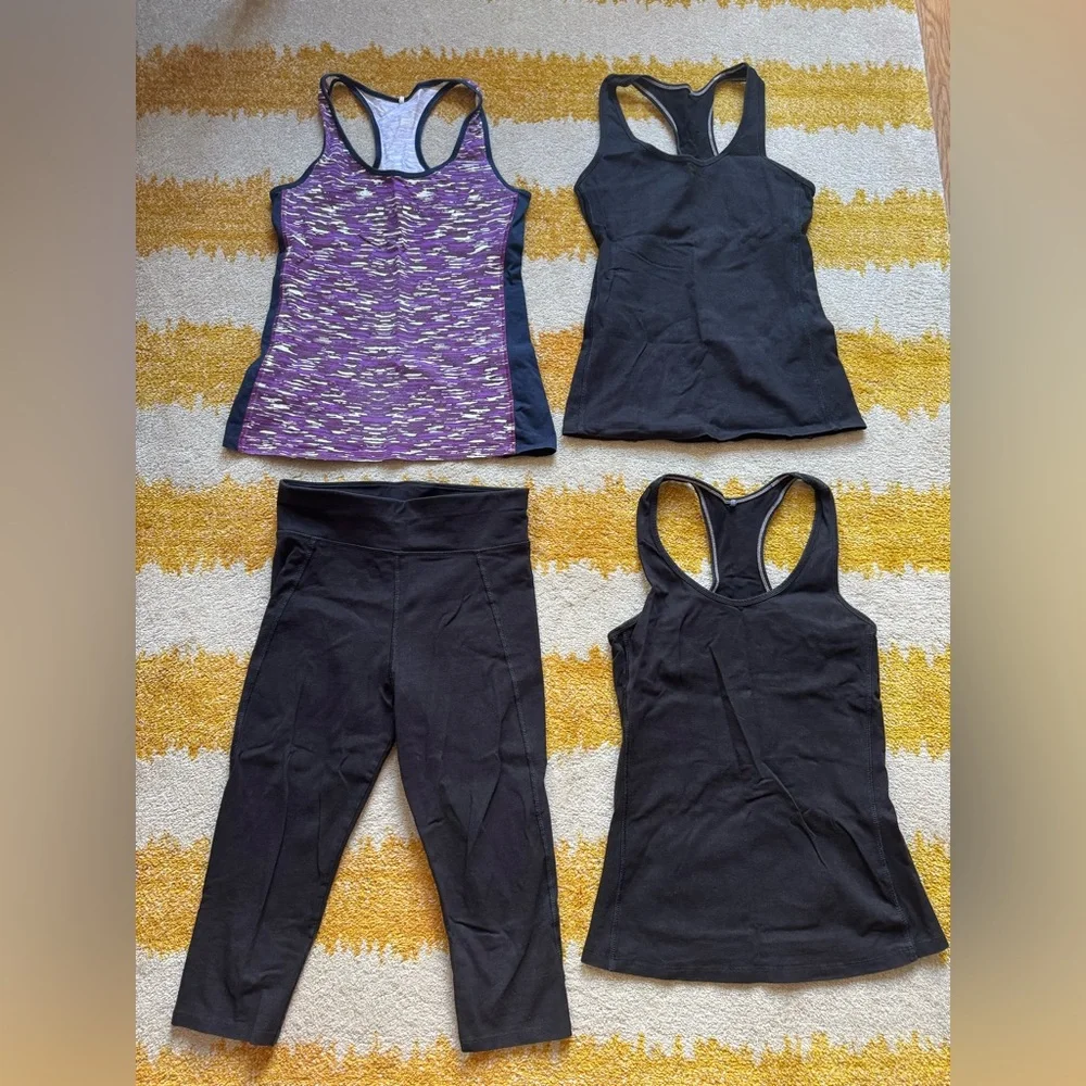 People Tree set Black & Purple Yoga Athletic Cross Back Tops & Cropped Leggings - Picture 1 of 10
